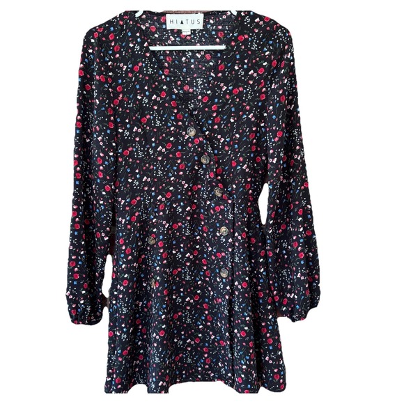 Hiatus Ditsy Black Floral Mini Dress Women's M Button Front Grunge Whimsy Goth - Picture 1 of 8